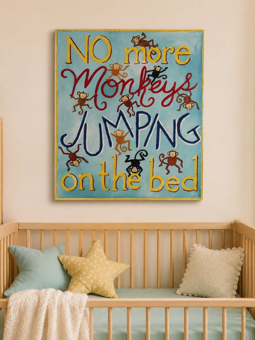 "No More Monkeys Jumping on the Bed" Nursery Canvas Wall Art